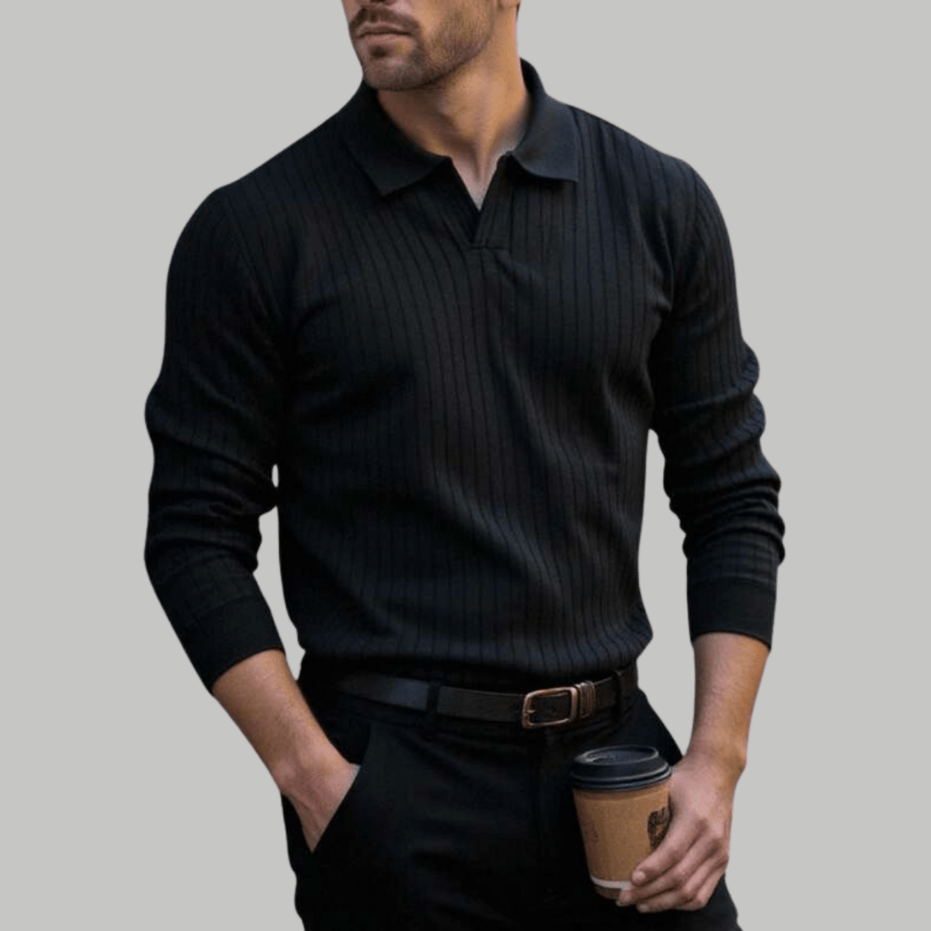 Casual Long Sleeve Ribbed Knit Polo Shirt - Montford & Co