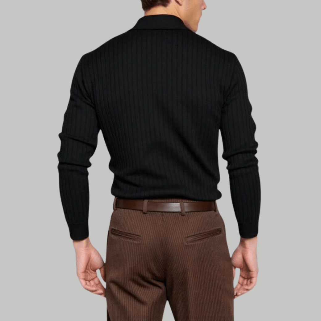 Casual Long Sleeve Ribbed Knit Polo Shirt - Montford & Co