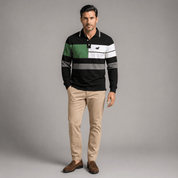 Colour Block Striped Long Sleeve Polo Shirt - Montford & Co