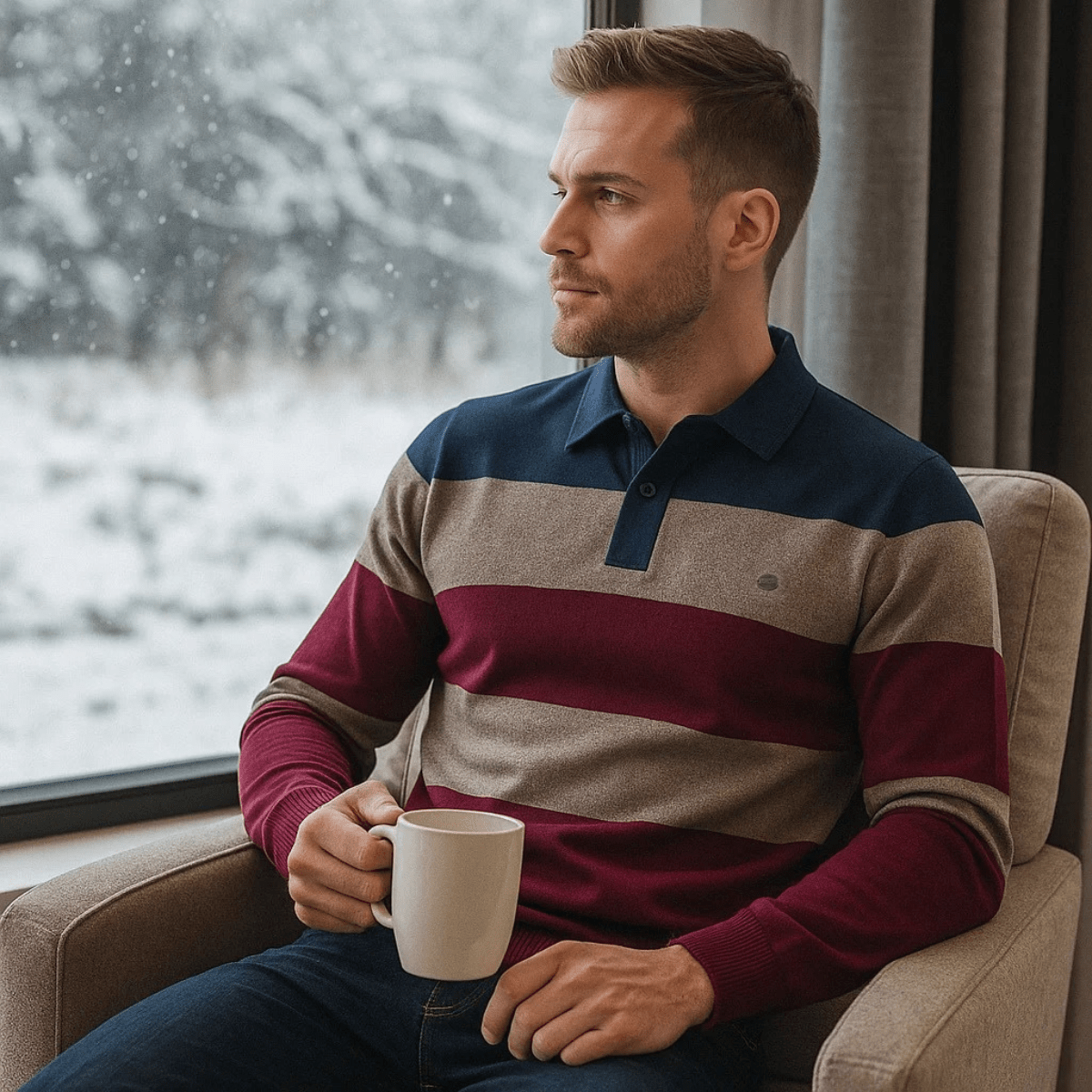 Cotton Button - Up Striped Knit Polo Sweater - Montford & Co