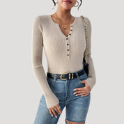 Ribbed Henley Top – Button Front – Casual Smart Style