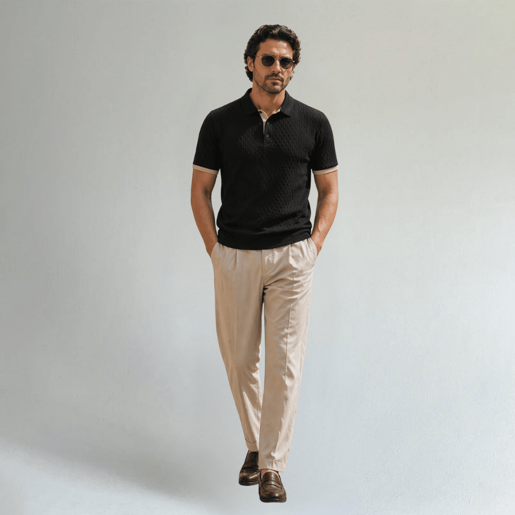 Elegant Textured Polo Shirt with Contrast Collar - Montford & Co