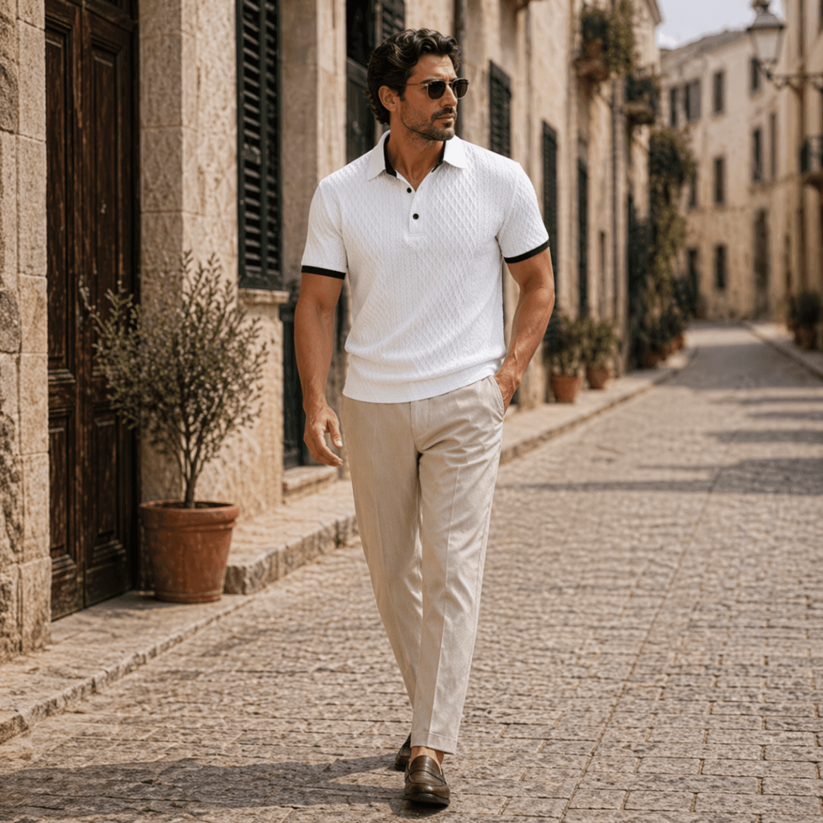 Elegant Textured Polo Shirt with Contrast Collar - Montford & Co
