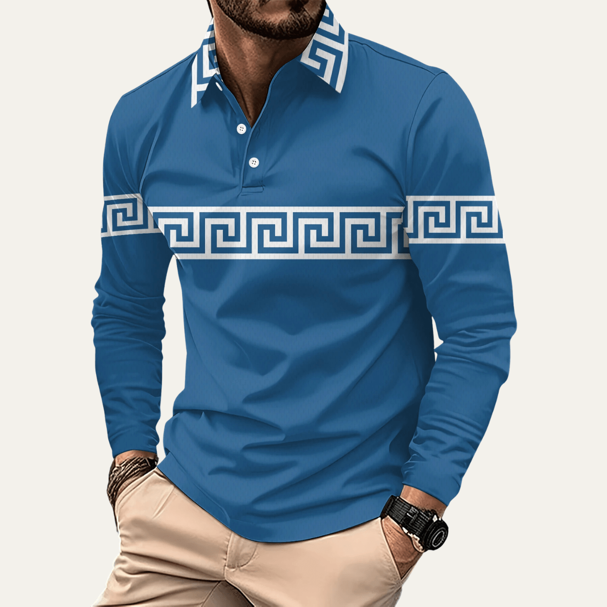 Greek Key Print Casual Lightweight Polo Shirt - Montford & Co