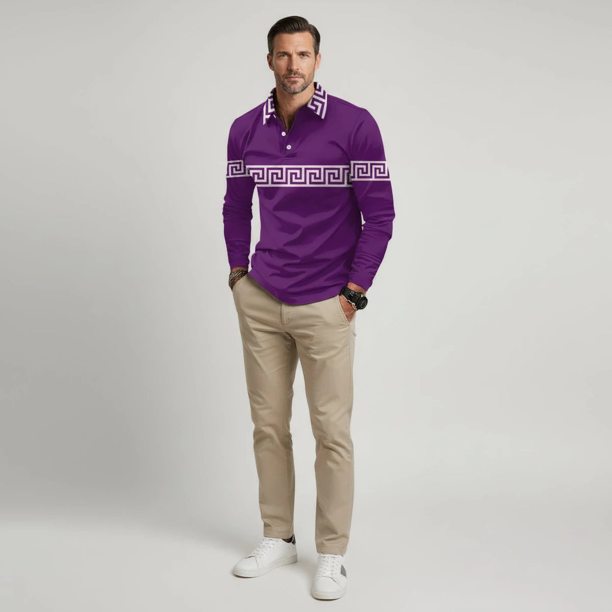 Greek Key Print Casual Lightweight Polo Shirt - Montford & Co