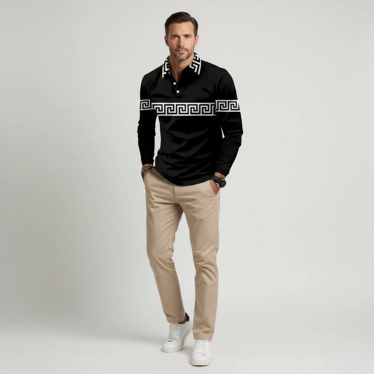 Greek Key Print Casual Slim Fit Polo Shirt - Montford & Co