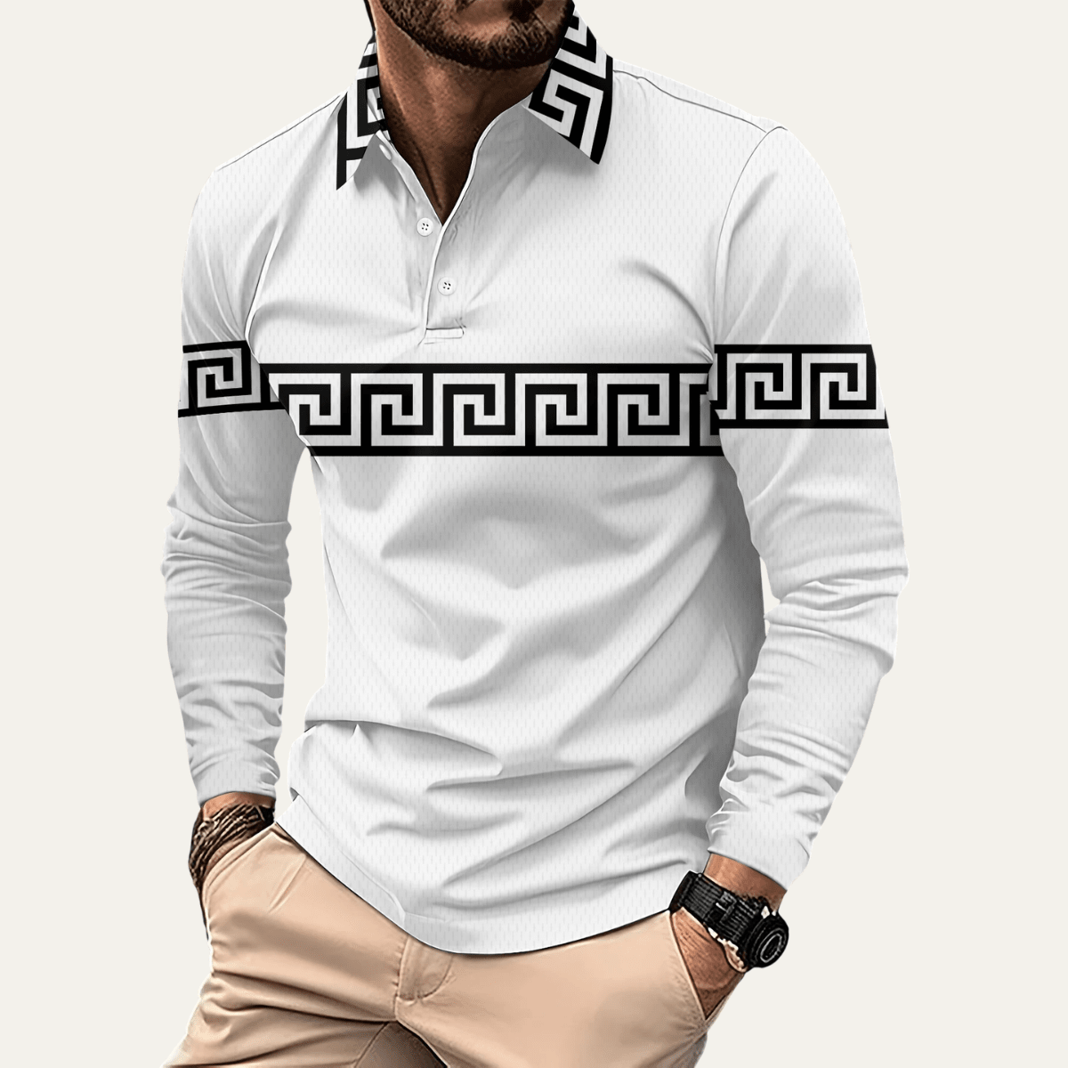 Greek Key Print Casual Slim Fit Polo Shirt - Montford & Co