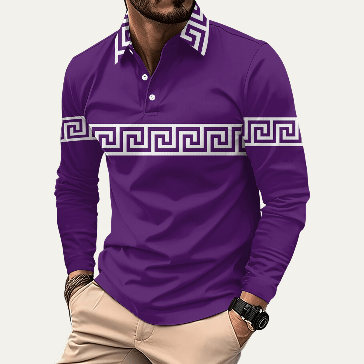 Greek Key Print Casual Slim Fit Polo Shirt - Montford & Co