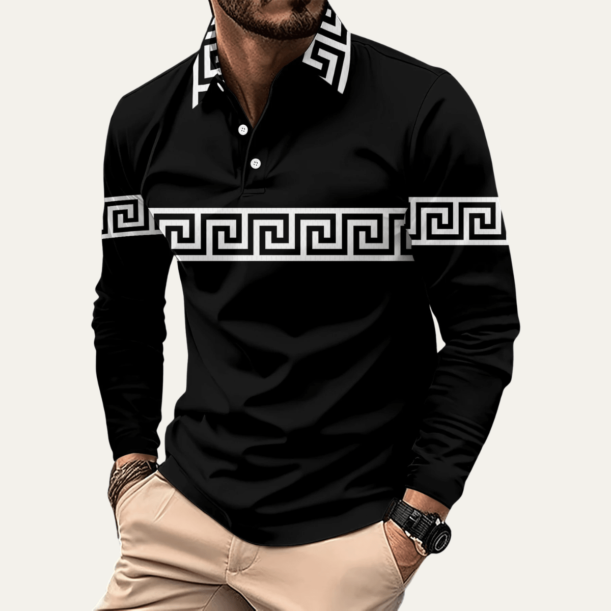 Greek Key Print Casual Slim Fit Polo Shirt - Montford & Co
