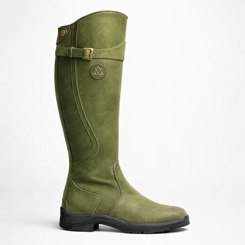 Green knee-high boot with a brand logo on a white background