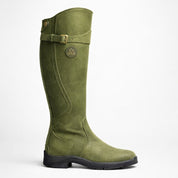 Green knee-high boot with a brand logo on a white background