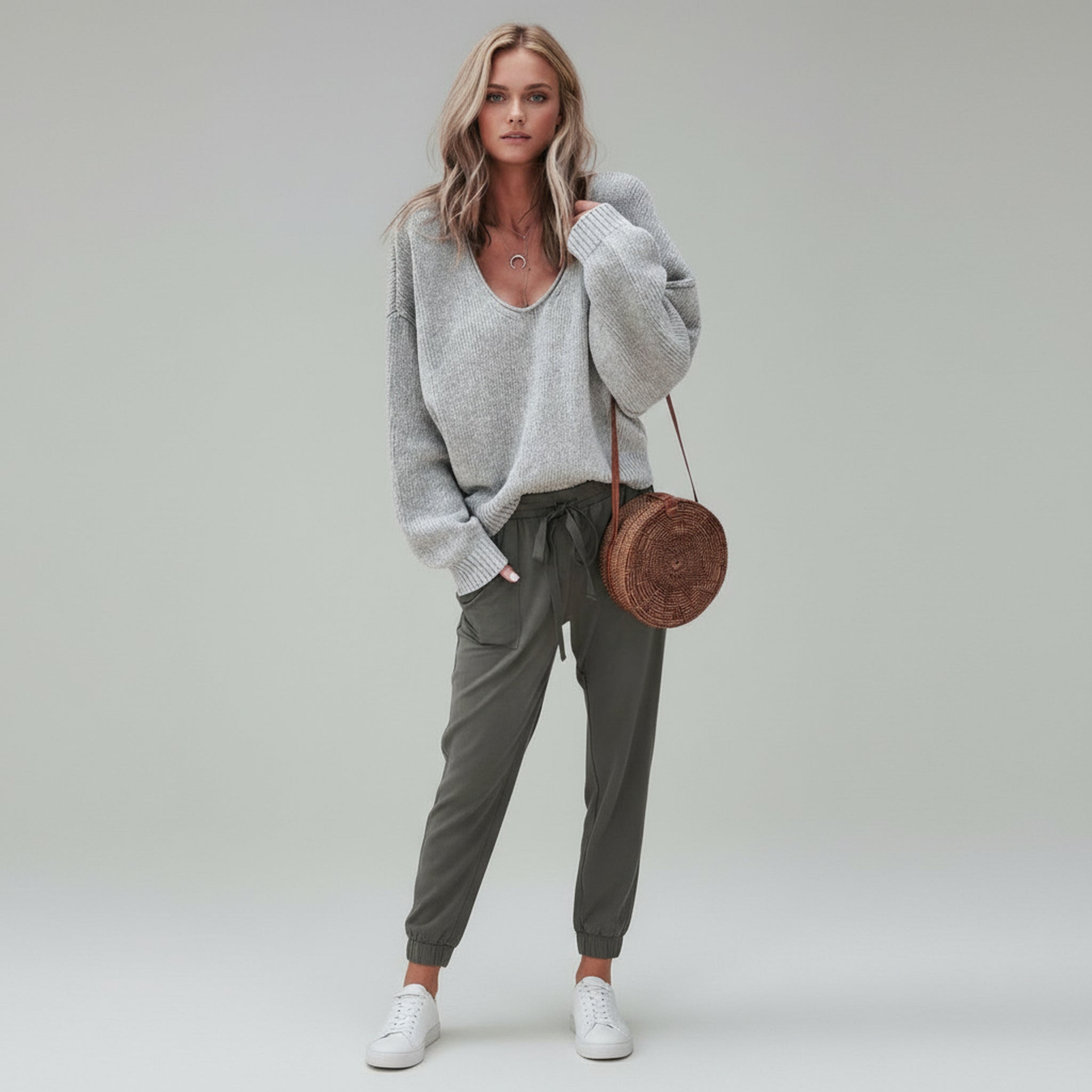 woman wearing light gray sweater and pants on a plain background