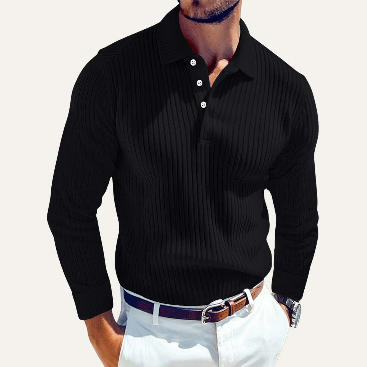 Long Sleeve Polo Shirt with Ribbed Texture - Montford & Co