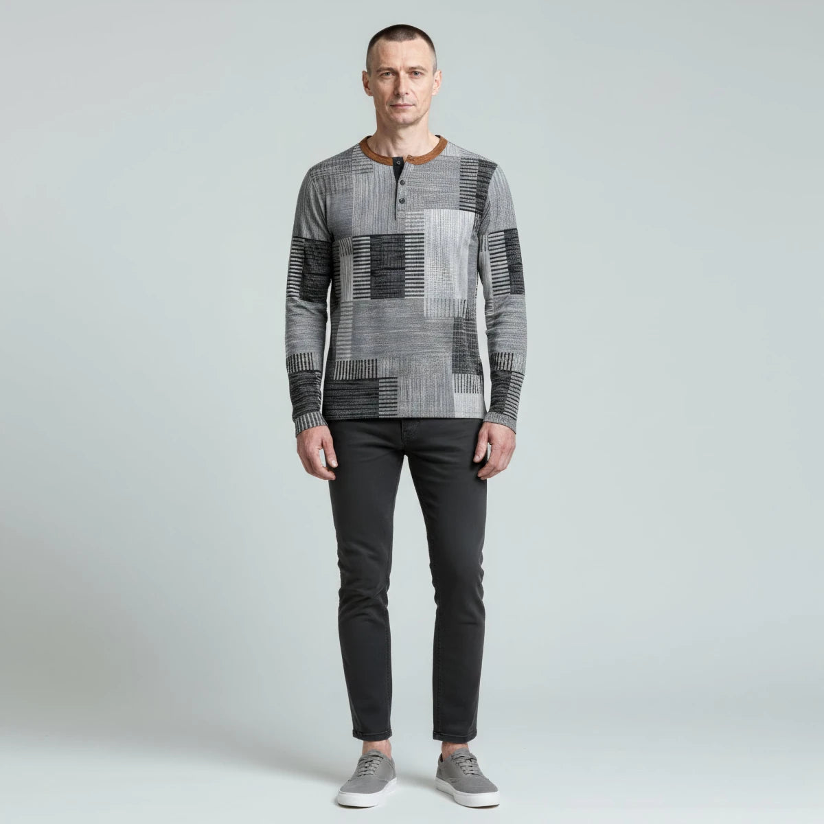 Long Sleeve Polo Shirt with Textured Patchwork Design - Montford & Co