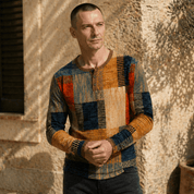 Long Sleeve Polo Shirt with Textured Patchwork Design - Montford & Co
