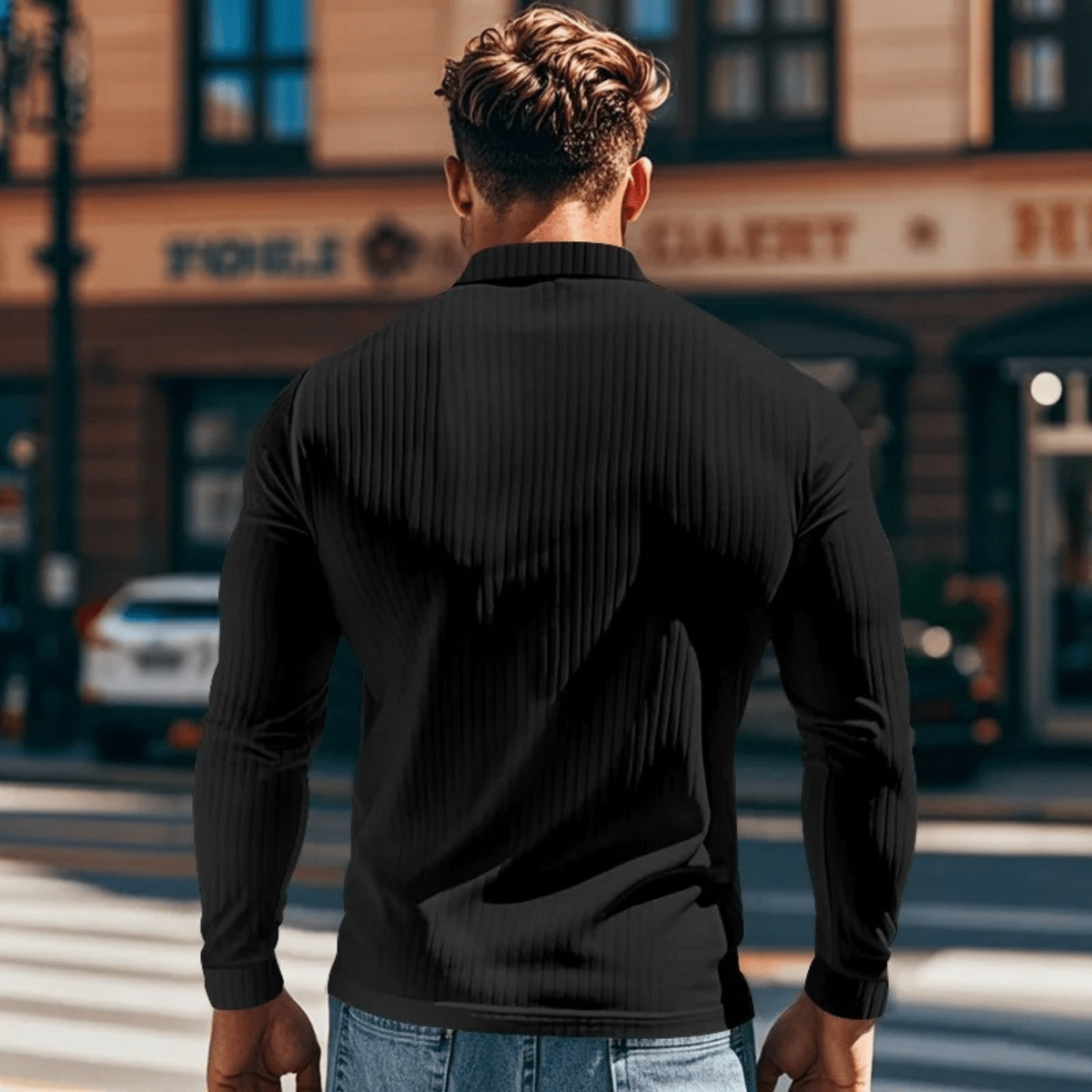 Ribbed Knitted Long Sleeve Polo Shirt - Montford & Co