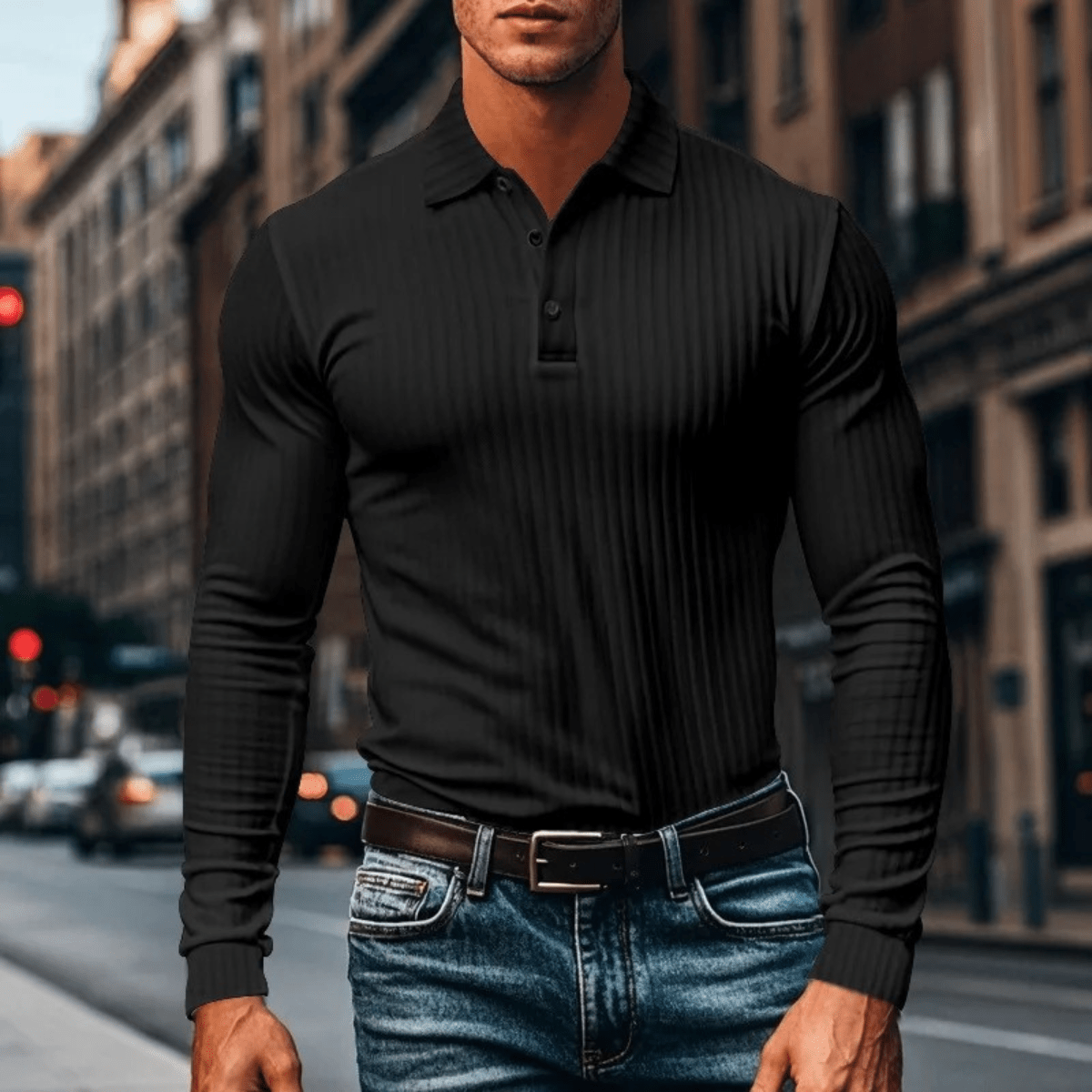 Ribbed Knitted Long Sleeve Polo Shirt - Montford & Co