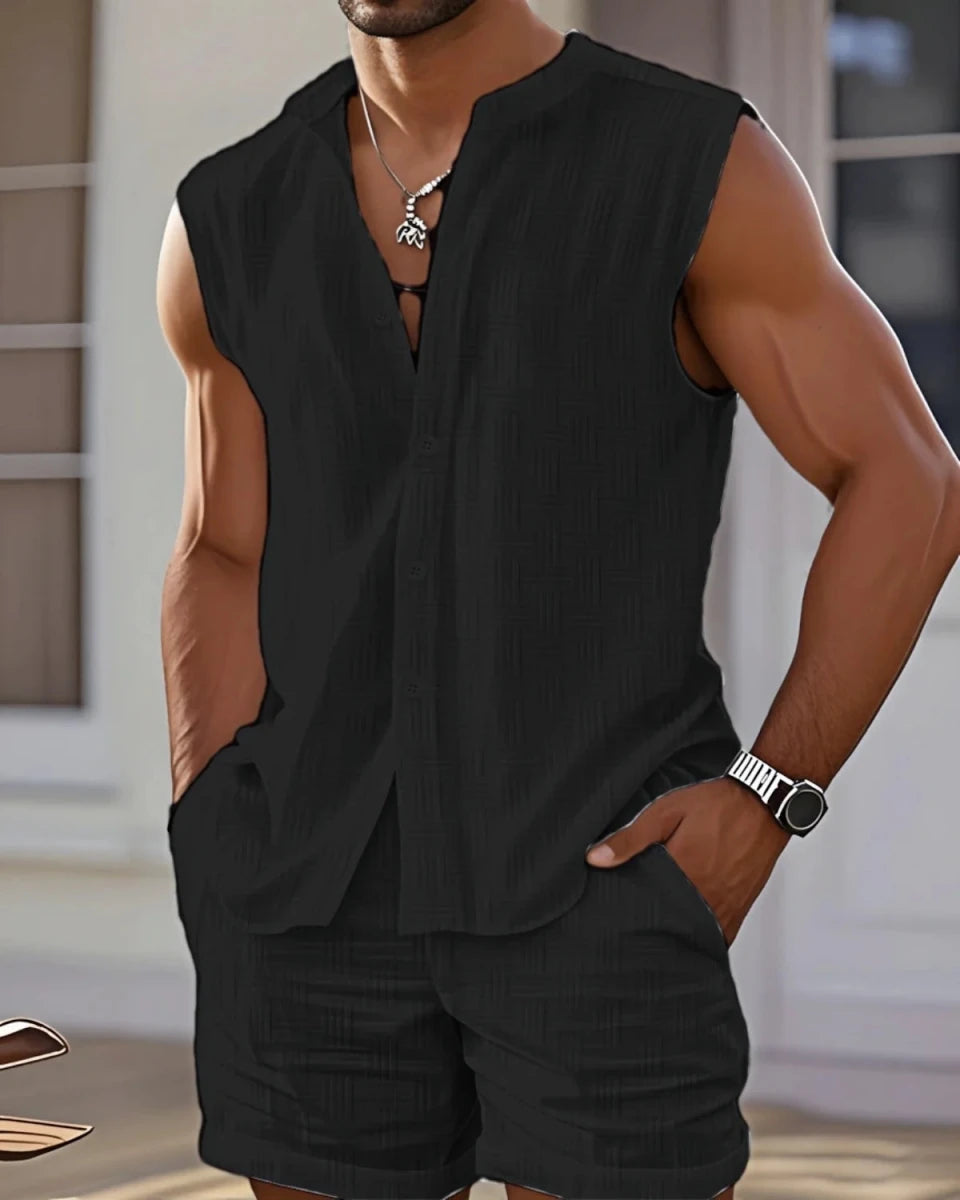 Set – Mens – Spring &amp; Summer – Men's Casual Beach Stand - Up Collar Sleeveless Shirt and Shorts – Montford Co - Montford & Co