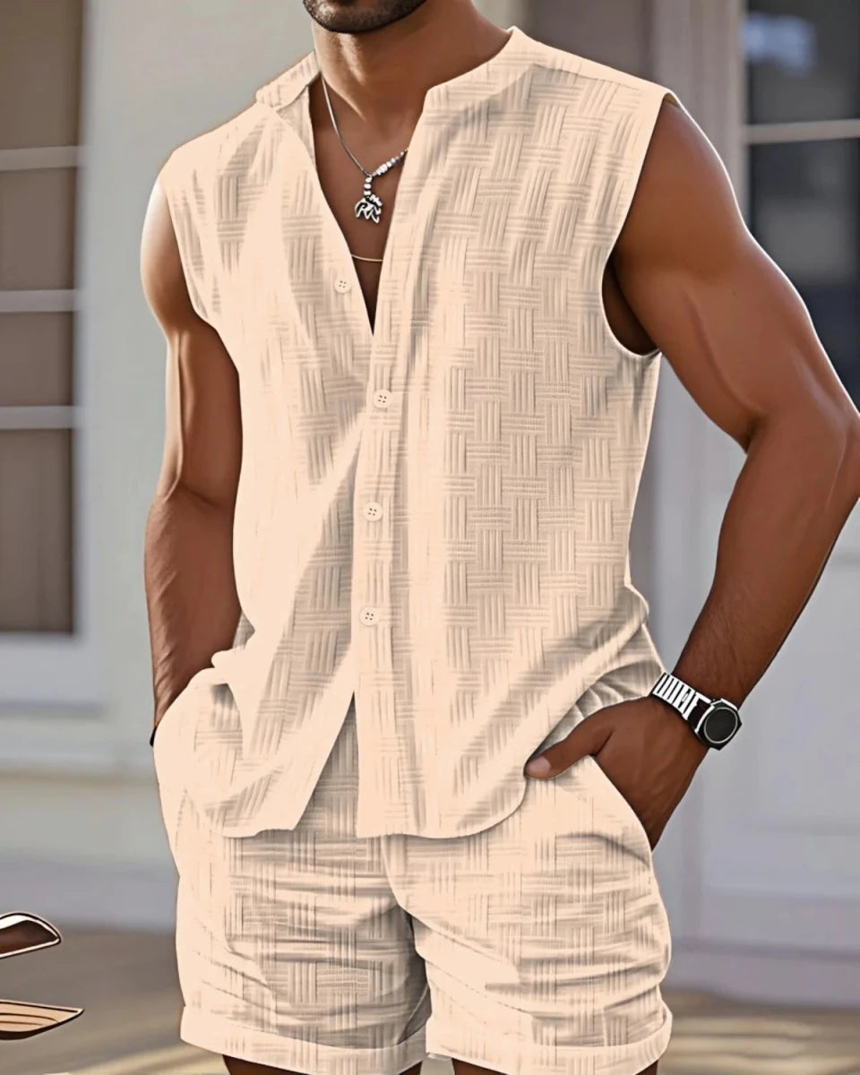 Set – Mens – Spring &amp; Summer – Men's Casual Beach Stand - Up Collar Sleeveless Shirt and Shorts – Montford Co - Montford & Co