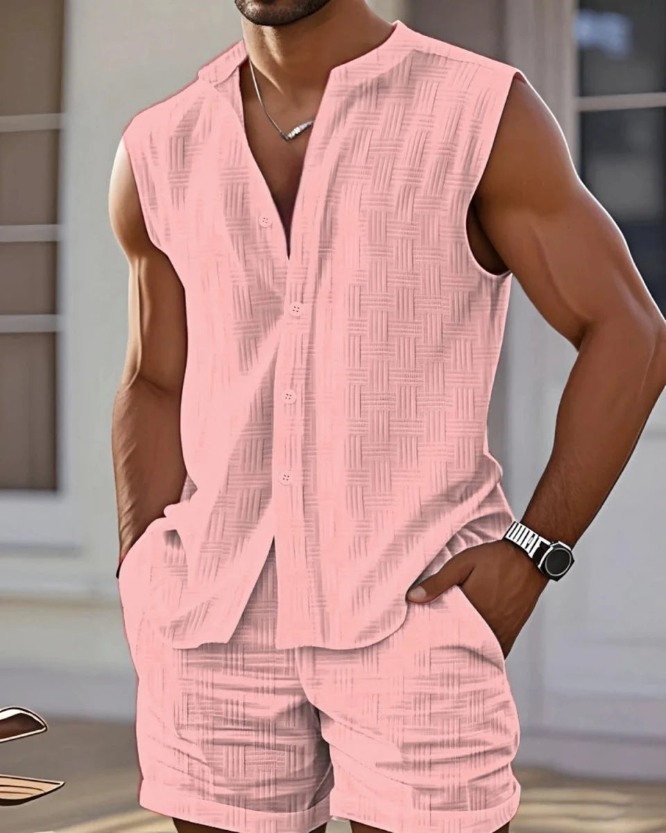 Set – Mens – Spring &amp; Summer – Men's Casual Beach Stand - Up Collar Sleeveless Shirt and Shorts – Montford Co - Montford & Co