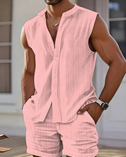 Set – Mens – Spring &amp; Summer – Men's Casual Beach Stand - Up Collar Sleeveless Shirt and Shorts – Montford Co - Montford & Co