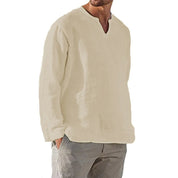 Shirt – Mens – All Season – Men's Cotton Linen Long Sleeve V Neck Casual Blouse – Montford Co - Montford & Co