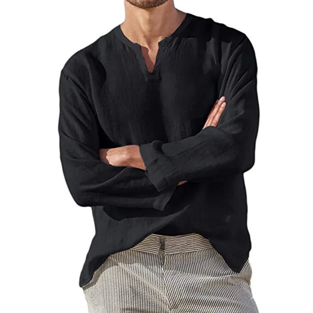 Shirt – Mens – All Season – Men's Cotton Linen Long Sleeve V Neck Casual Blouse – Montford Co - Montford & Co