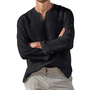 Shirt – Mens – All Season – Men's Cotton Linen Long Sleeve V Neck Casual Blouse – Montford Co - Montford & Co