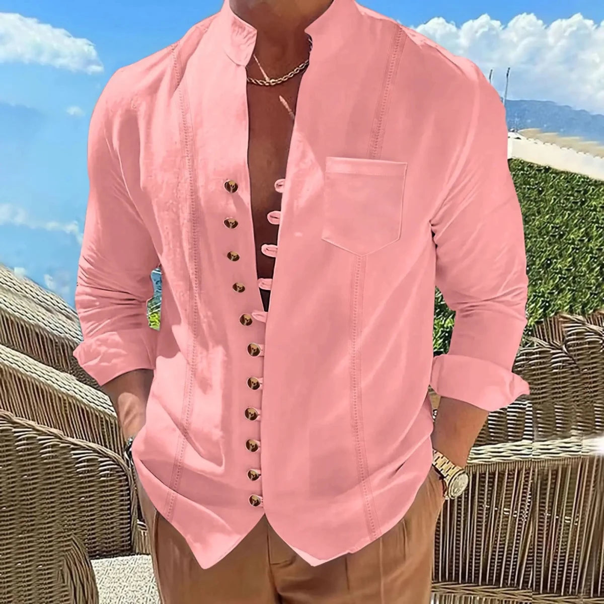 Shirt – Mens – Spring &amp; Autumn – Men's Cotton And Linen Pocket Retro Stand - Up Collar Long - Sleeved Shirt – Montford Co - Montford & Co