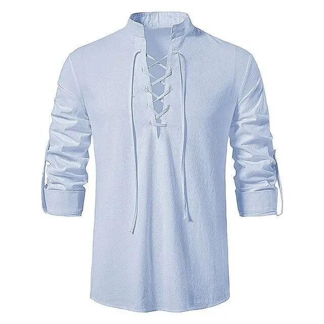 Shirt – Mens – Spring & Autumn – Men's Casual Linen Long Sleeve V - Neck with Drawstring – Montford Co - Montford & Co