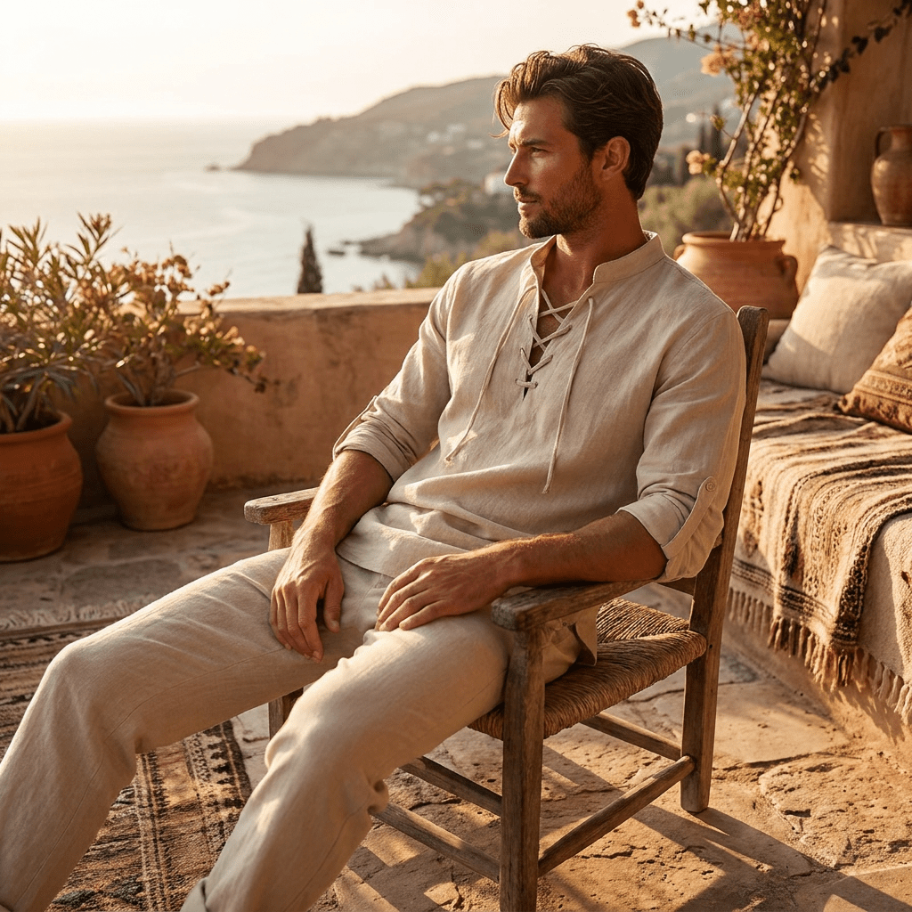 Shirt – Mens – Spring & Autumn – Men's Casual Linen Long Sleeve V - Neck with Drawstring – Montford Co - Montford & Co