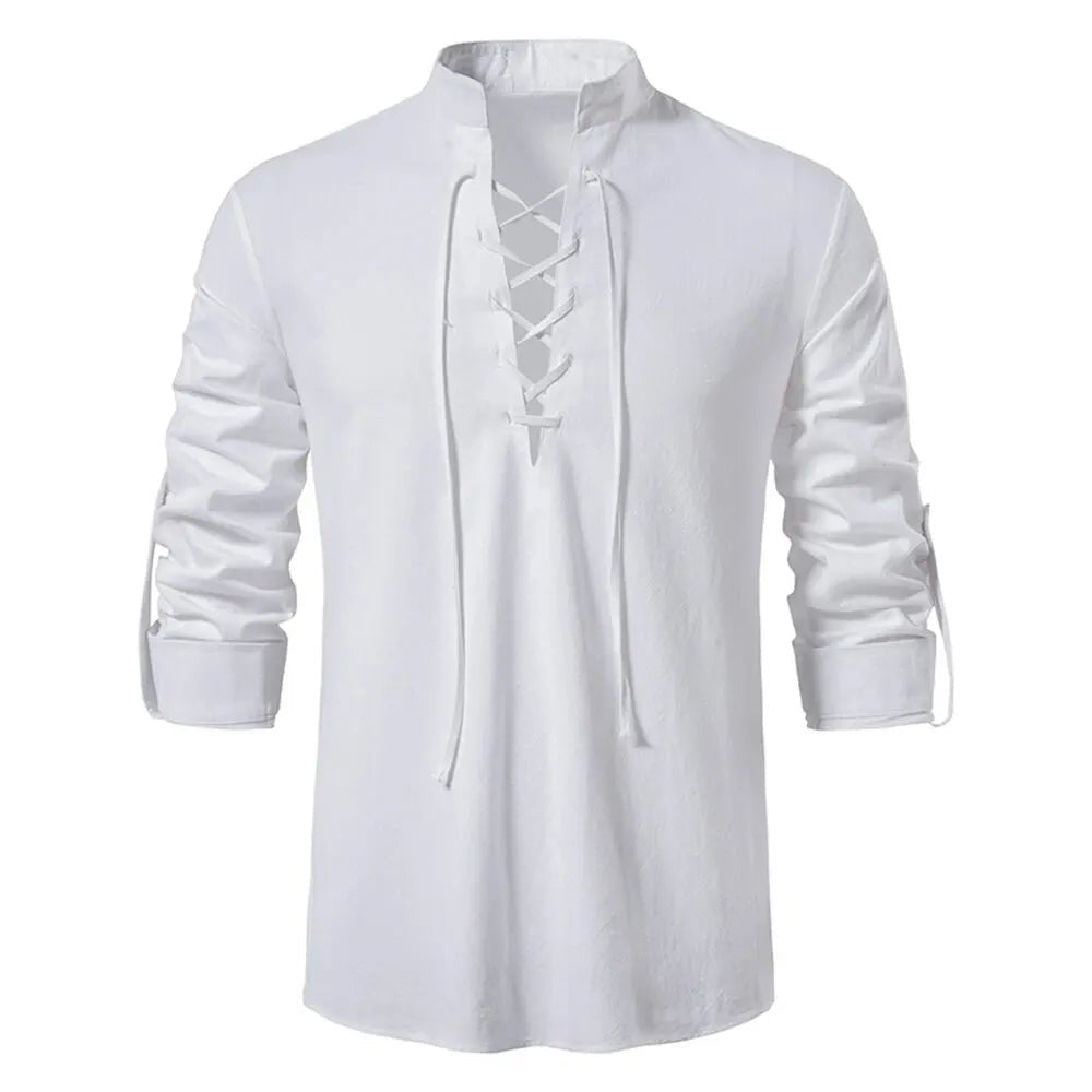 Shirt – Mens – Spring & Autumn – Men's Casual Linen Long Sleeve V - Neck with Drawstring – Montford Co - Montford & Co