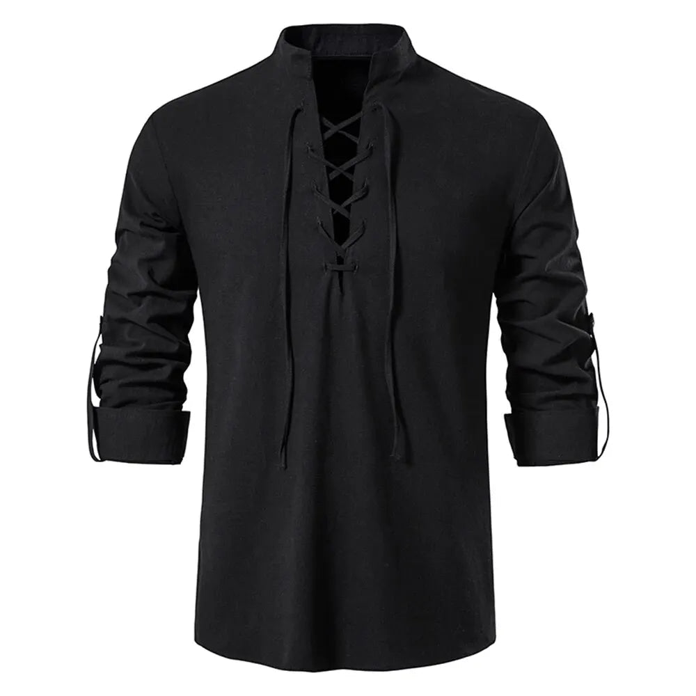 Shirt – Mens – Spring & Autumn – Men's Casual Linen Long Sleeve V - Neck with Drawstring – Montford Co - Montford & Co