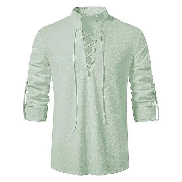 Shirt – Mens – Spring & Autumn – Men's Casual Linen Long Sleeve V - Neck with Drawstring – Montford Co - Montford & Co