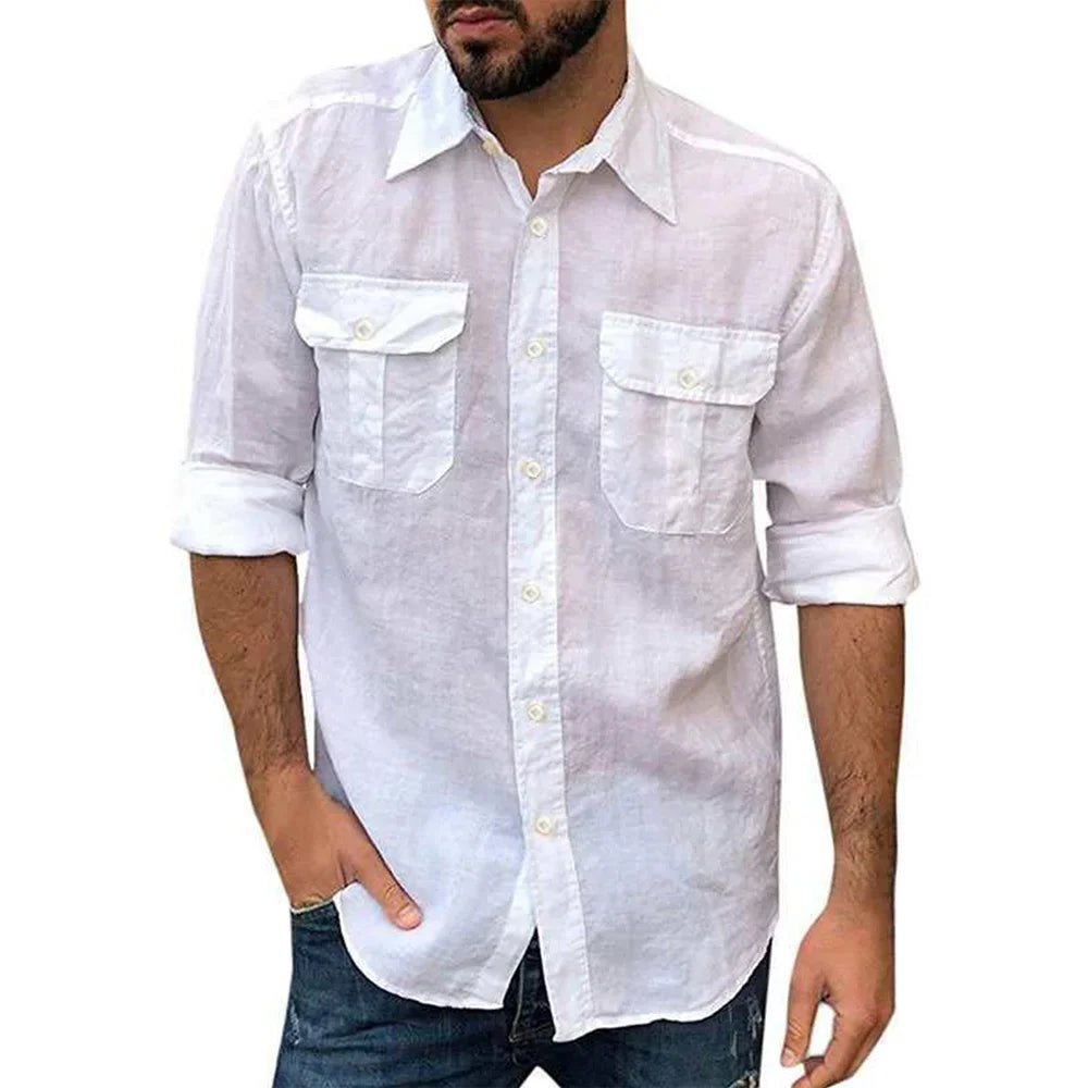 Shirts – Mens – All Season – Cotton Linen Long Sleeve Solid Color Casual Top – Montford Co - Montford & Co