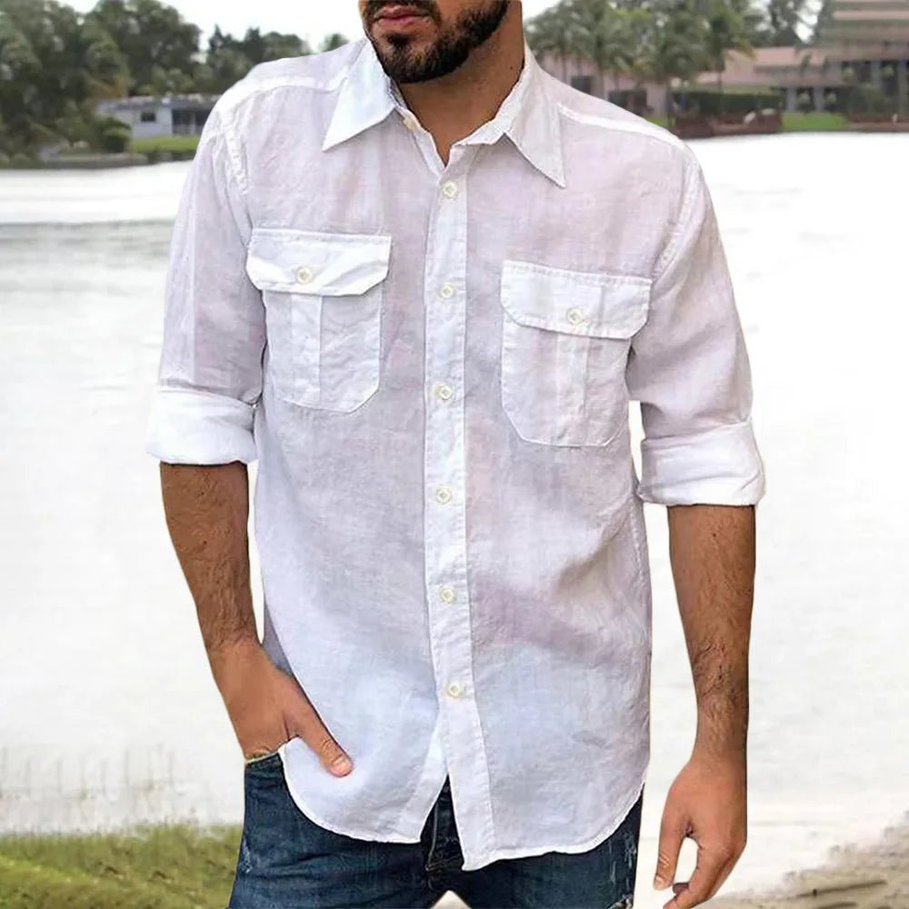 Shirts – Mens – All Season – Cotton Linen Long Sleeve Solid Color Casual Top – Montford Co - Montford & Co