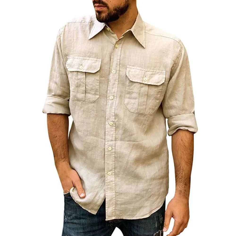 Shirts – Mens – All Season – Cotton Linen Long Sleeve Solid Color Casual Top – Montford Co - Montford & Co