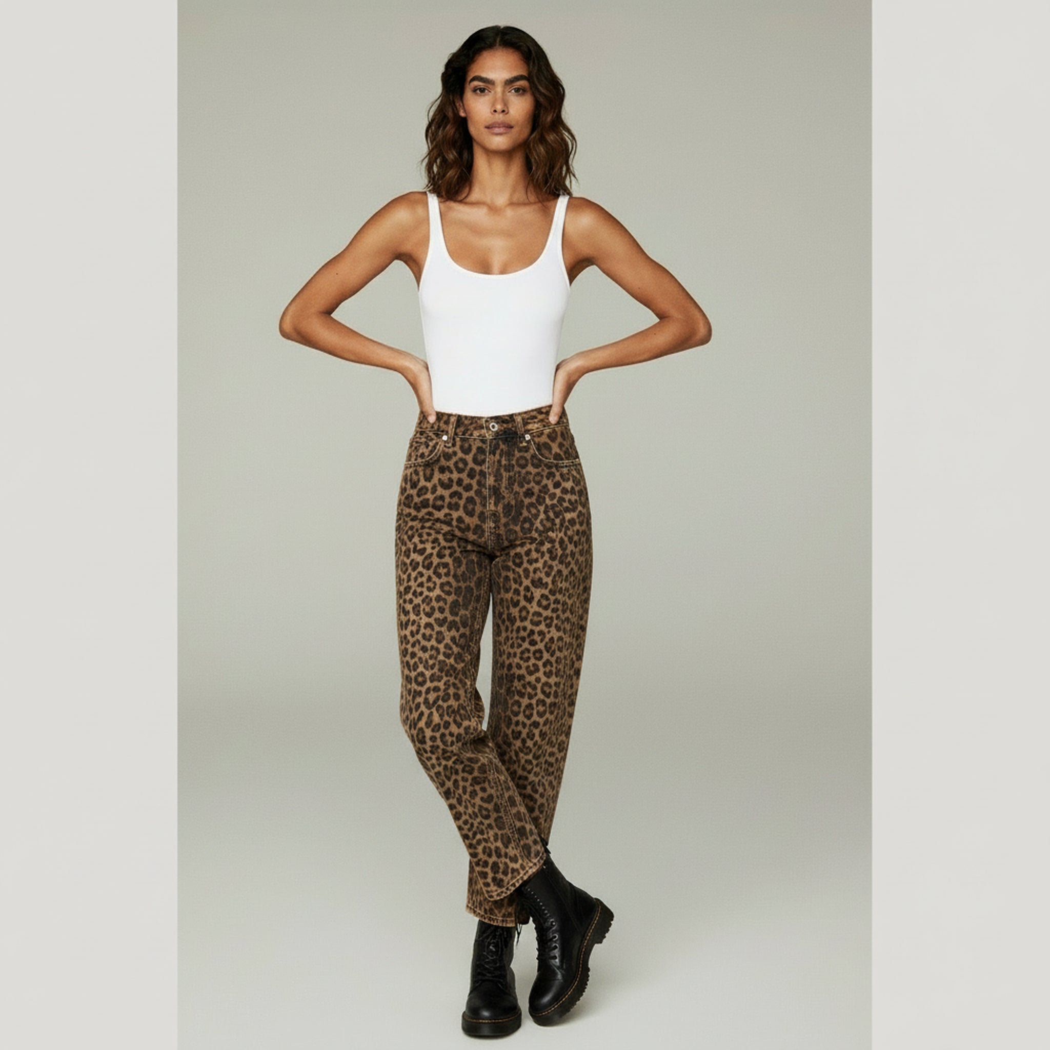 Leopard Print Straight Leg Jeans for Women – Edgy Casual Style with Classic 5-Pocket Design - 1