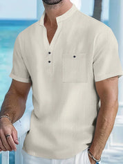 Top – Mens – Spring &amp; Summer – Men's Cotton Linen Short - Sleeve Shirt with Stand Collar – Montford Co - Montford & Co