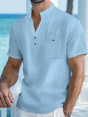 Top – Mens – Spring &amp; Summer – Men's Cotton Linen Short - Sleeve Shirt with Stand Collar – Montford Co - Montford & Co