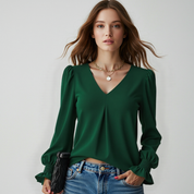 Blouse – V-Neck, Long Puff Sleeves – Elegant Office Style