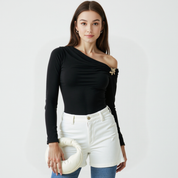 One-Shoulder Bodysuit – Elegant Pin Detail – Sleek Evening Style