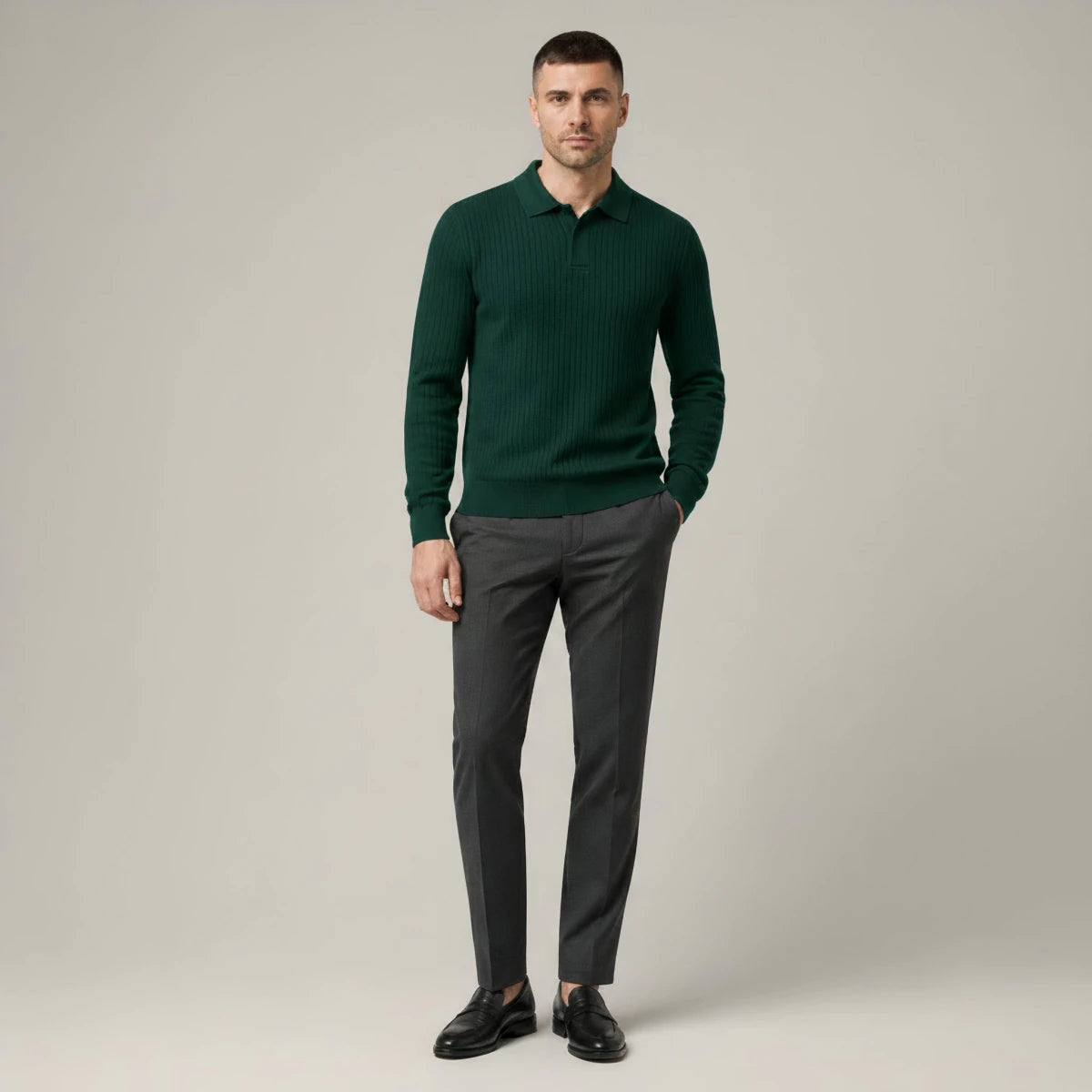 Trendy Long Sleeve Ribbed Knit Polo Shirt - Montford & Co