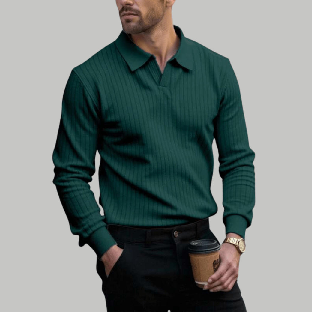 Trendy Long Sleeve Ribbed Knit Polo Shirt - Montford & Co