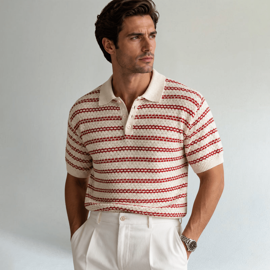 Turn Down Collar Striped Knit Polo Shirt - Montford & Co