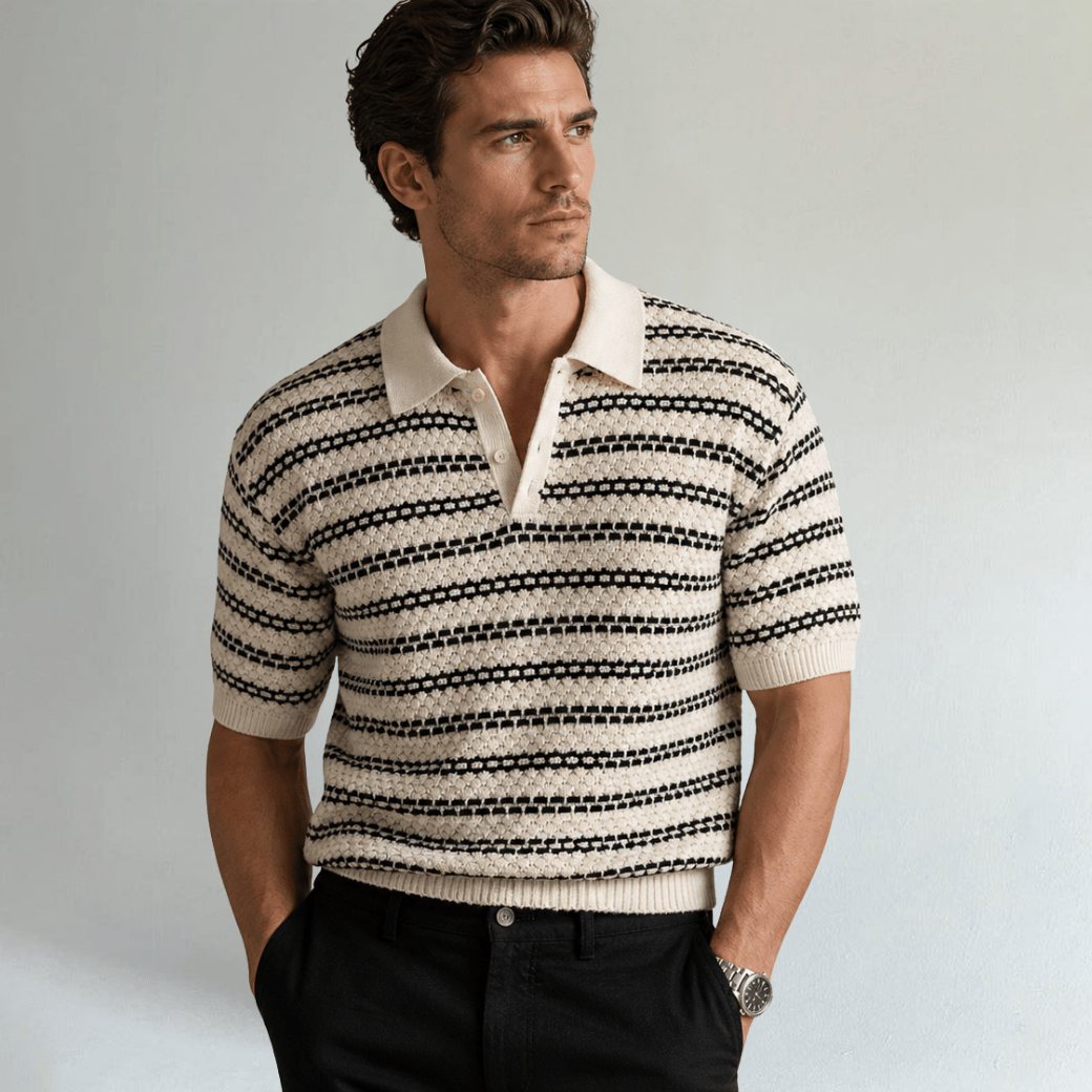 Turn Down Collar Striped Knit Polo Shirt - Montford & Co