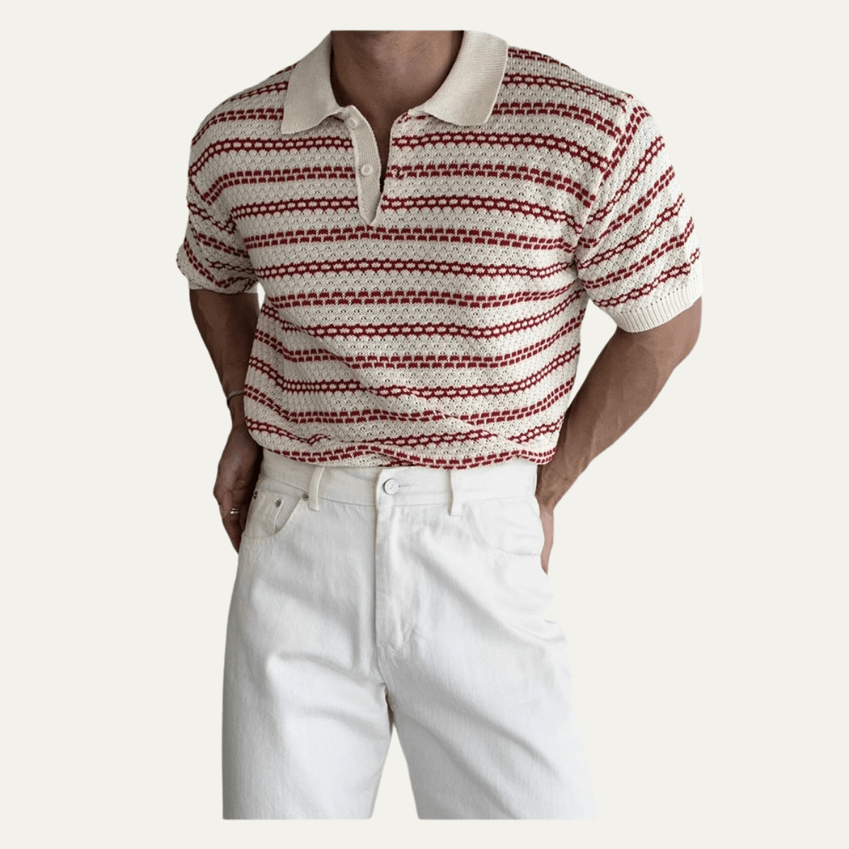 Turn Down Collar Striped Knit Polo Shirt - Montford & Co