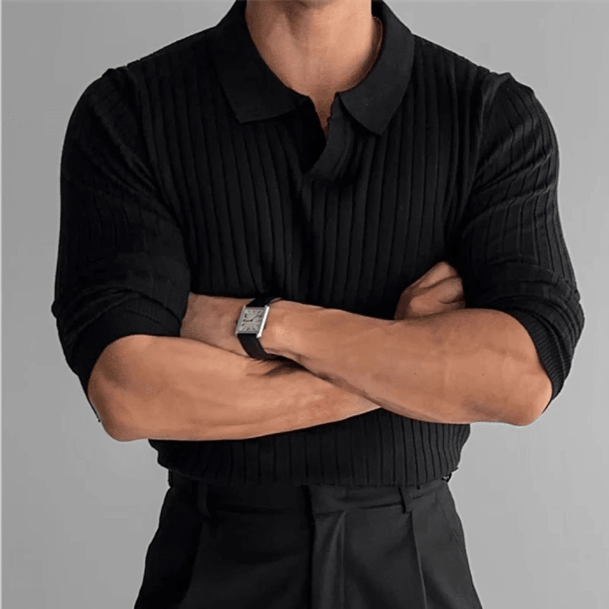 V Neck Jacquard Knit Polo Shirt - Montford & Co