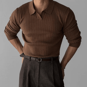 V Neck Jacquard Knit Polo Shirt - Montford & Co