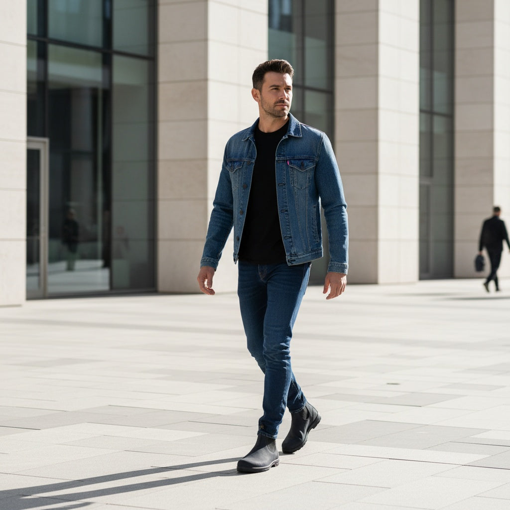 Man walking in a modern urban setting wearing a denim jacket and jeans.